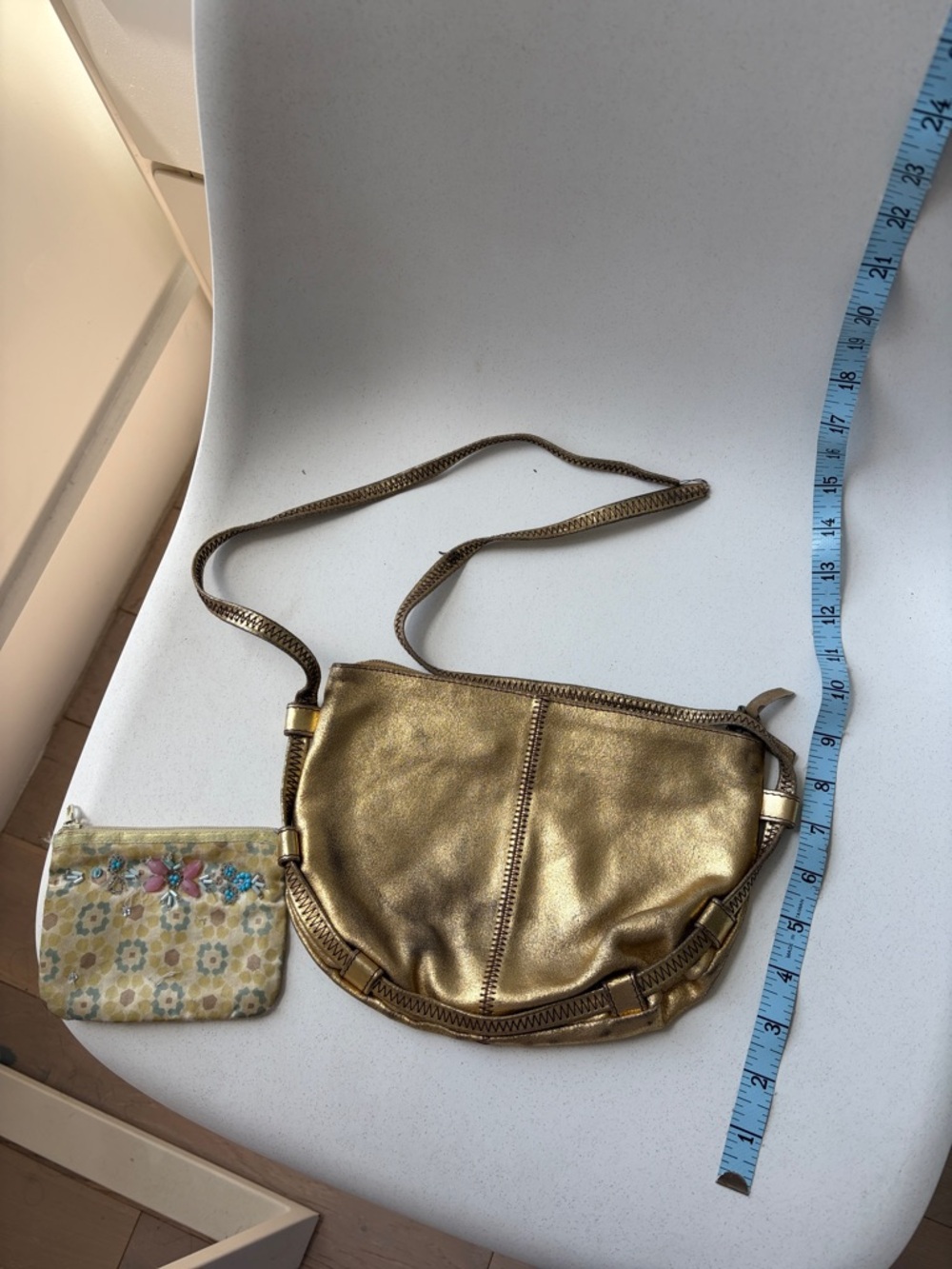 Gold Metallic leather  Crossbody Bag with Zip Accent - Womens boho
